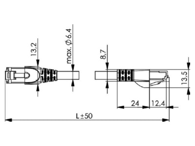 Dimensional drawing Telegaertner L00000A0146 RJ45 8 8  Patch cord Cat 7 1m