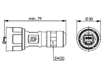 Dimensional drawing Telegaertner J80026A0007 RJ45 8 8  plug