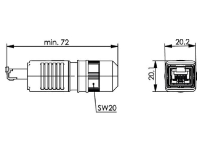 Dimensional drawing Telegaertner J80026A0014 RJ45 8 8  plug
