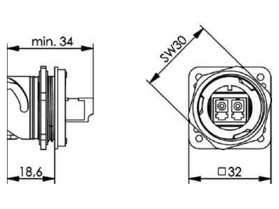 Dimensional drawing Telegaertner J88074A0002 Fibre optic coupler LC Duplex