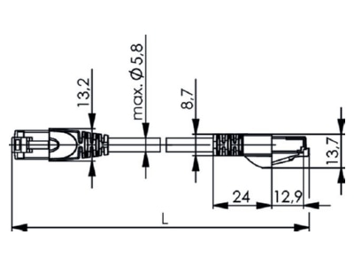 Dimensional drawing Telegaertner L00004A0090 RJ45 8 8  Patch cord Cat 5 7 5m