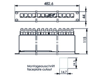 Ma�zeichnung 1 Telegaertner AMJ Mod 24PP sw 19Z  Modultraeger sw Cat 6 inkl 24xAMJ Mod 1HE
