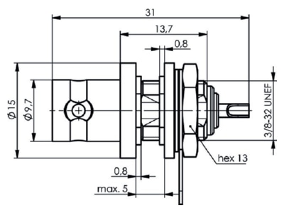 Dimensional drawing Telegaertner J01001D1222 BNC jack connector