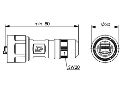 Dimensional drawing Telegaertner J80026A0011 RJ45 8 8  plug