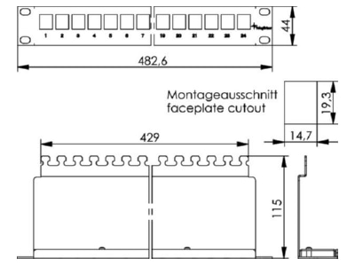 Dimensional drawing Telegaertner J02023A0035 19 inch module rack 1U black