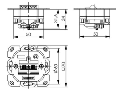 Dimensional drawing Telegaertner J00020A0388 2x RJ45 8 8  Data outlet Cat 5E