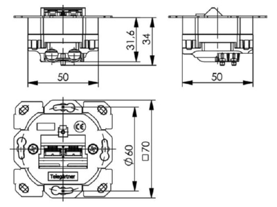 Masszeichnung Telegaertner J00020A0395 Anschlussdose AMJ45 8 8Klasse E