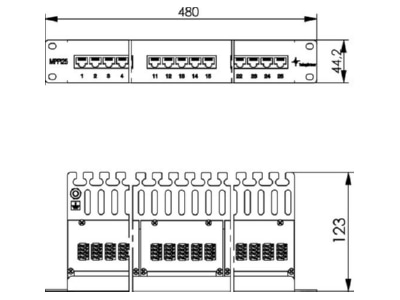 Masszeichnung Telegaertner MPPISDN 25 H kurz 19 Zoll ISDN Panel 25 Port 1HE  RAL7035 