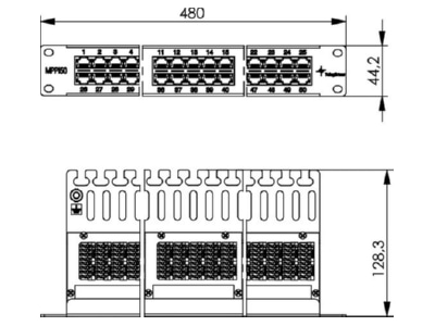 Dimensional drawing Telegaertner MPPISDN 50 H kurz 19 inch ISDN panel 50 port 1U  RAL7035  MPPISDN 50 Hz