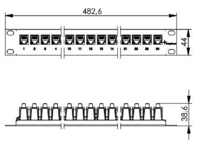 Dimensional drawing Telegaertner J02023A0026 19 inch module rack 1U including 24AMJ modules 