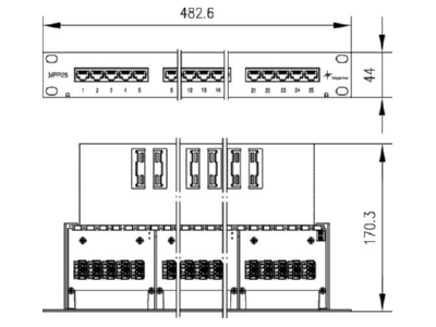Dimensional drawing Telegaertner J02023C0014 19 inch patch panel 1U gray MPPI25 H Cat3 