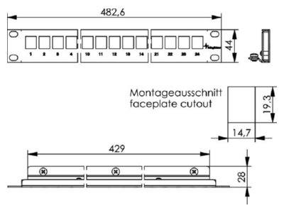 Dimensional drawing Telegaertner H02025A0197 19 inch module rack 1U for 24AMJ modules 
