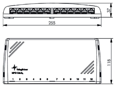 Dimensional drawing Telegaertner J02022A0052 Patch panel copper 12x RJ45 8 8