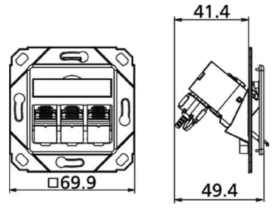 Dimensional drawing Metz TN C6Amod 3UPk 270rw RJ45 8 8  Data outlet 6A  IEC  white