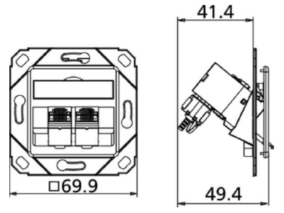 Dimensional drawing Metz TN C6Amod 2UPk 270rw RJ45 8 8  Data outlet 6A  IEC  white