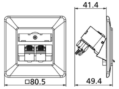 Dimensional drawing Metz TN C6Amod 2UP 270rw RJ45 8 8  Data outlet 6A  IEC  white