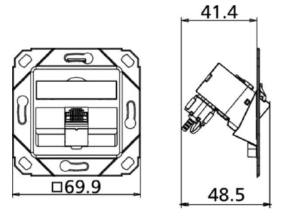 Dimensional drawing Metz TN C6Amod 1UPk 270rw RJ45 8 8  Data outlet 6A  IEC  white