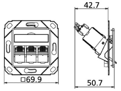 Dimensional drawing Metz TN C6Amod 3UPk 180rw RJ45 8 8  Data outlet 6A  IEC  white