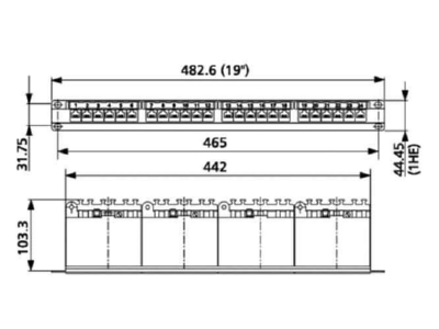 Dimensional drawing Metz TN EDATC6A MP24 mod 24 port Panel E DAT C6A 1U modular aluminum 