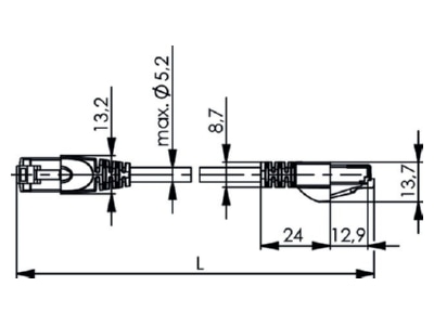 Dimensional drawing Telegaertner L00000A0103 RJ45 8 8  Patch cord 6A  IEC  1m