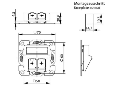 Mazeichnung Telegaertner H02010A0083 Modul Aufnahme 2fach UP 50 aws aufbauend