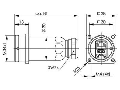 Dimensional drawing Telegaertner J60023A0000 Modular plug