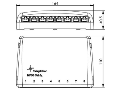 Dimensional drawing Telegaertner J02021A0030 Patch panel copper 8x RJ45 8 8 