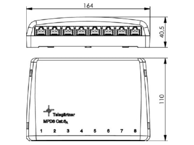 Masszeichnung Telegaertner J02021A0030 Mini Verteiler Cat6 MPD8 HS apws TH35