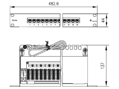 Dimensional drawing Telegaertner J02023B0017 19 inch Patch Panel 1U MPP24 HS Cat5e