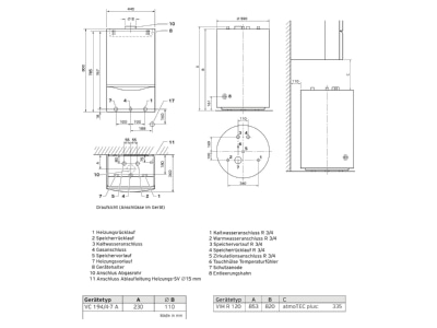 Dimensional drawing Vaillant 0010024478 Wall mounted gas combination boiler