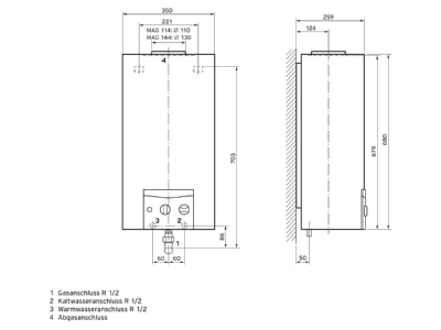 Ma�zeichnung Vaillant MAG 144 1 G LL Gas Gas Durchlaufwasserhitzer fuer Kaminanschluss