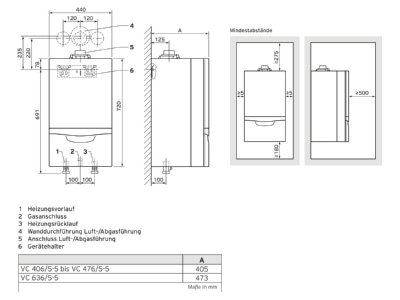 Mazeichnung Vaillant VC 406 5 5 LL Gas WandheizgeraetBrennwert ecoTEC plus