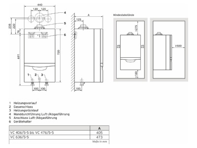 Ma�zeichnung Vaillant VC 636 5 5 LL Gas WandheizgeraetBrennwert ecoTEC plus
