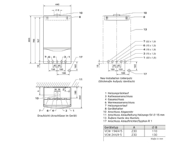 Dimensional drawing Vaillant VCW 244 LL Gas Wall mounted gas combination boiler