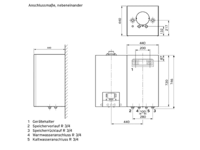 Dimensional drawing Vaillant VIH QL 75 2 links Hot tap water boiler indirectly heated