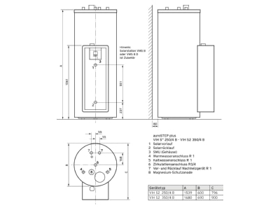 Mazeichnung Vaillant VIH S2 350 4 B Warmwasserspeicher bivalent m Solaranb 