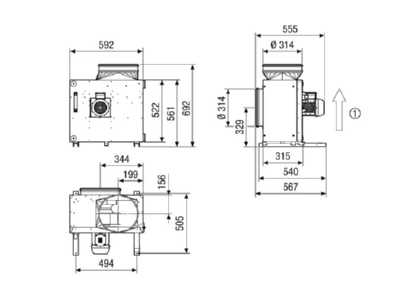 Dimensional drawing Maico EKR 31 3 Soundproof exhaust air box 