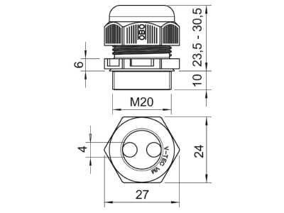 Dimensional drawing 2 OBO V TEC VM20 2x4 Cable gland   core connector M20
