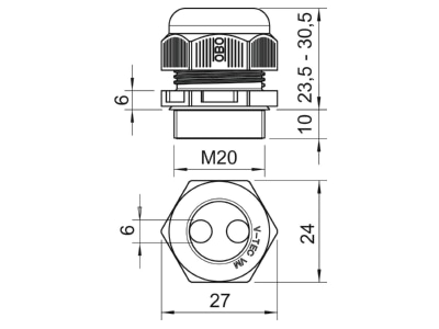 Dimensional drawing 2 OBO V TEC VM20 2x6 Cable gland   core connector M20

