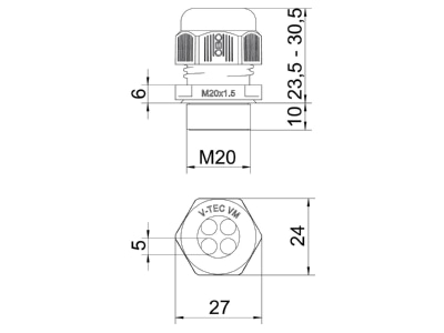 Dimensional drawing 2 OBO V TEC VM20 4x5 Cable gland   core connector M20
