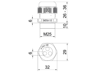 Dimensional drawing 1 OBO V TEC VM25 3x6 Cable gland   core connector M25
