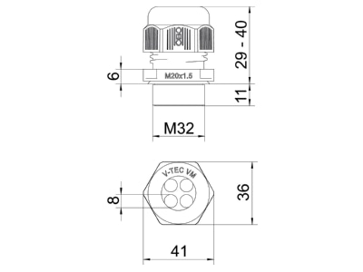 Dimensional drawing 3 OBO V TEC VM32 4x8 Cable gland   core connector M32