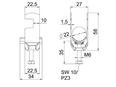 Mazeichnung OBO BS F1 K 22 ALU Buegelschelle 16 22mm