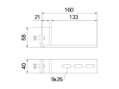 Dimensional drawing 1 OBO BFK 166 58 20 A2 Mounting angle bracket for profile rail BFK 166 58 20V2A
