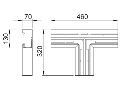 Dimensional drawing 1 OBO GKH T70130RW Tee for wall duct 130x70mm RAL9010
