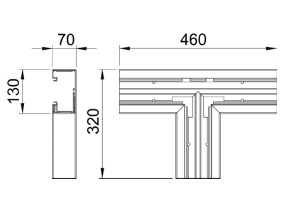Dimensional drawing 2 OBO GKH T70130RW Tee for wall duct 130x70mm RAL9010