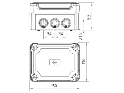 Mazeichnung 2 OBO T 100 HD TR Kabelabzweigkasten m  transp  Deckel