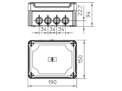 Mazeichnung 1 OBO T 160 HD LGR Kabelabzweigkasten lichtgrau  m  Deckel