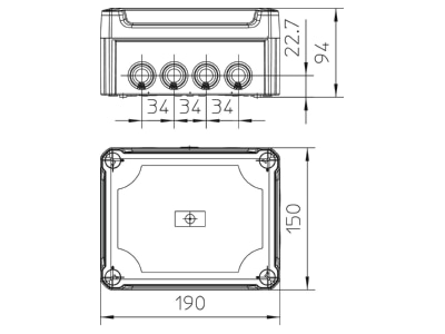 Mazeichnung 2 OBO T 160 HD LGR Kabelabzweigkasten lichtgrau  m  Deckel