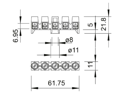 Dimensional drawing 1 OBO 689 Terminal strip 5 p 0 8   2 5mm 
